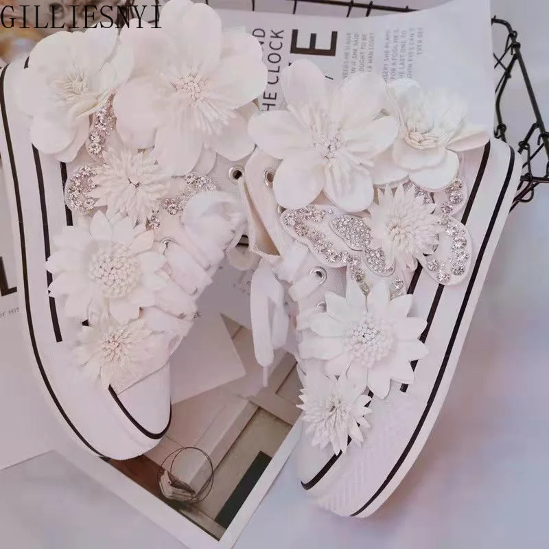 

Women's Sports Shoes High-top Canvas Shoes Sweet Lace-up Shoes for Women White / Black Flowers Student Pretty Fairy Sneakers