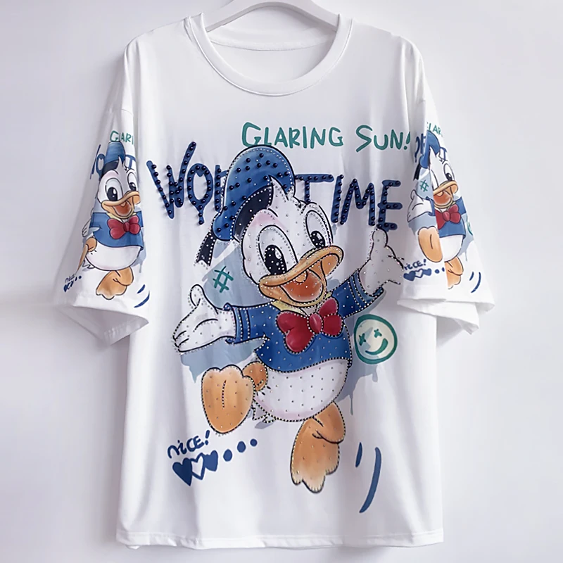 Fashion Brand Hot Drilling Beaded Cartoon T-shirt and Sweatpants Two Piece Sets Women Outifits 2024 Summer Cute Fashion Suit