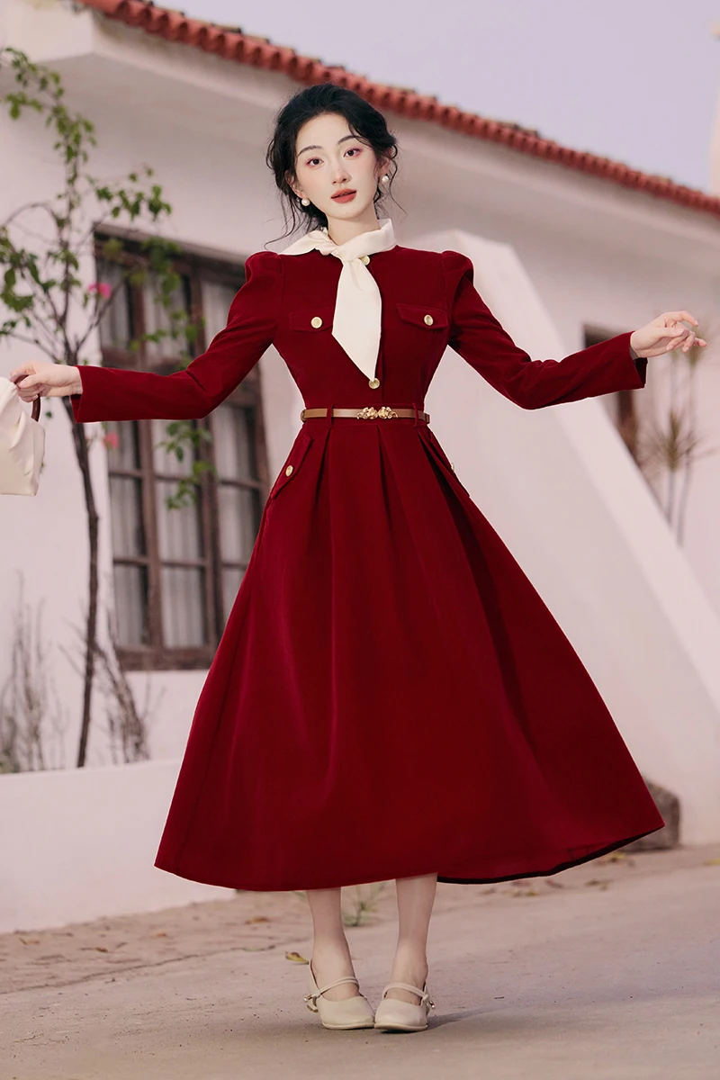 french winter dresses Red Calf Length Dress Retro Red Party For Women Fashion Single Wedding dress shops near high waist bridesmaid dress Color:Charcoal grey Dinner reservations at seven
