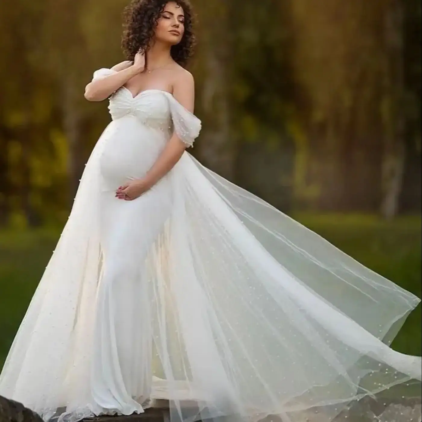 

Off Shoulder Ivory Evening Dresses for Pregnant Women Pearls Photoshoot Maternity Robes Sexy Floor Length Babyshower Gowns