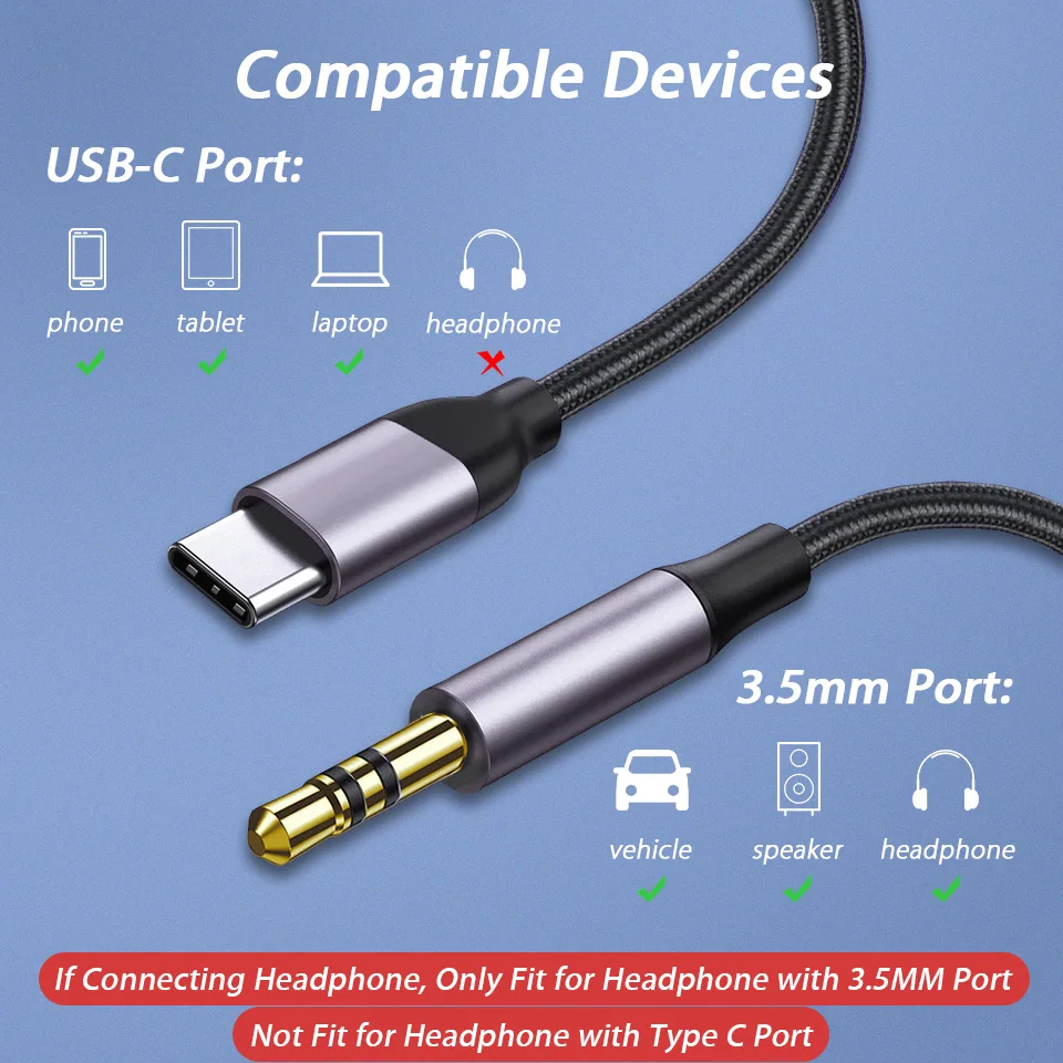 Adaptador Tipo-C a Jack 3.5mm, Cable de Audio AUX, USB-C Macho a