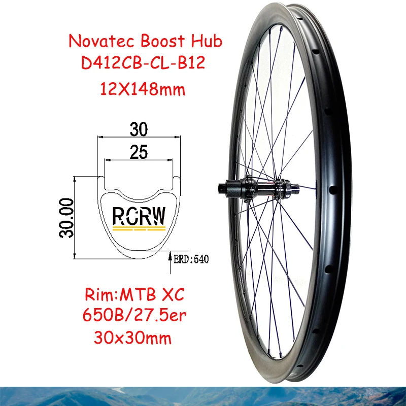 

650B/27.5er MTB XC 30X30mm Rear Wheelset Carbon Rim 24Hole 30 Wide 30 Deep Novatec D412CB-CL-B12 Boost Hub Microspline 12S