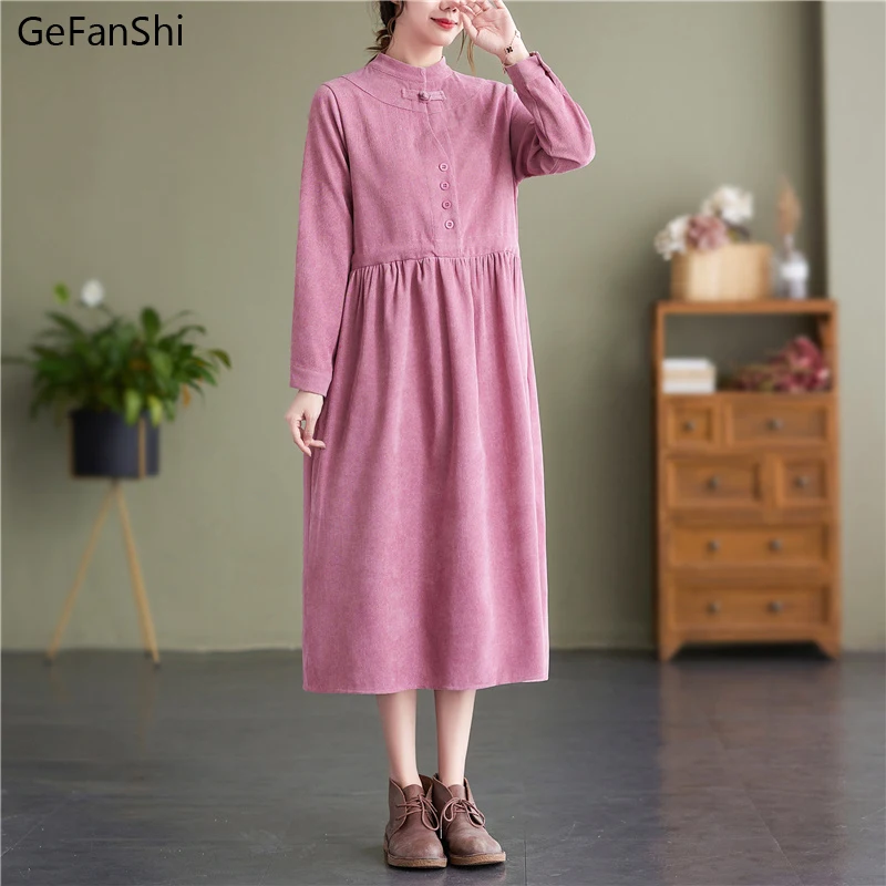 2022 New Elegant Corduroy Solid Long Sleeve Autumn Dress Vintage Women