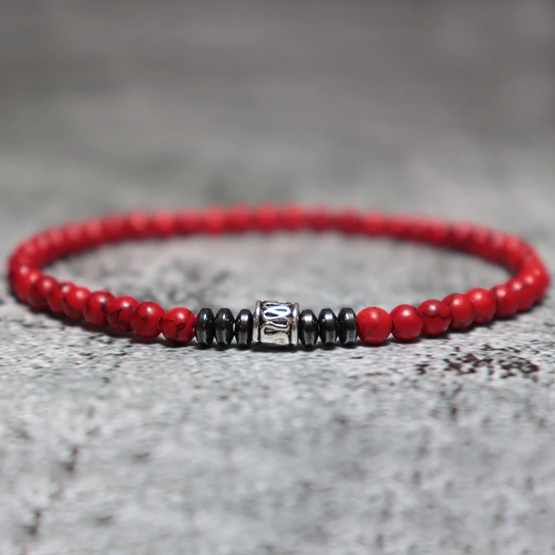 Hematite Stone Mens Beaded Skull Bracelet