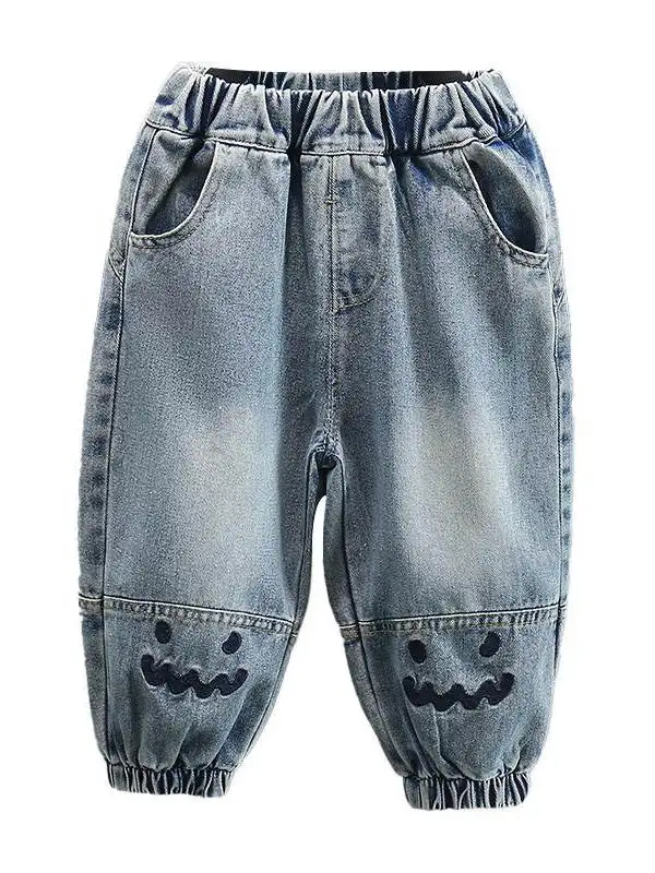소년 봄 가을 데님 청바지 하이 웨이스트 와이드 레그 팬츠 신축성 있는 허리밴드 레트로 스타일 키즈 패셔너블 커프드 트라우저
