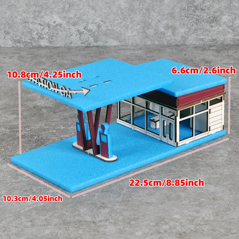 조립식 건축 모형 모래 테이블 주유소 휘발유 서비스 스테이션 현대식 자동차 스케일 모형 키트 1/64