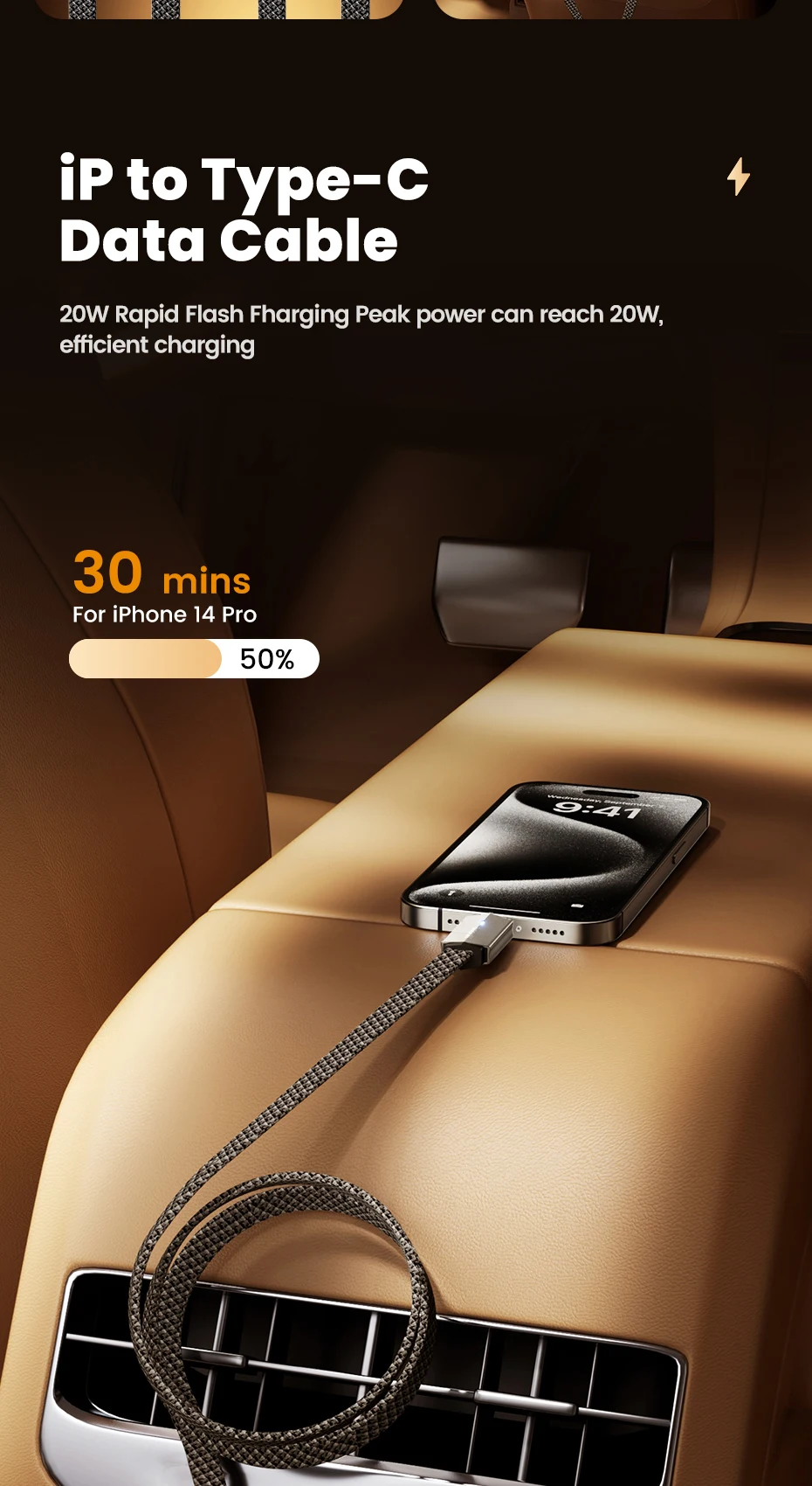 Toocki USB-C to Lightning 90° Charging Cable 20W with LED