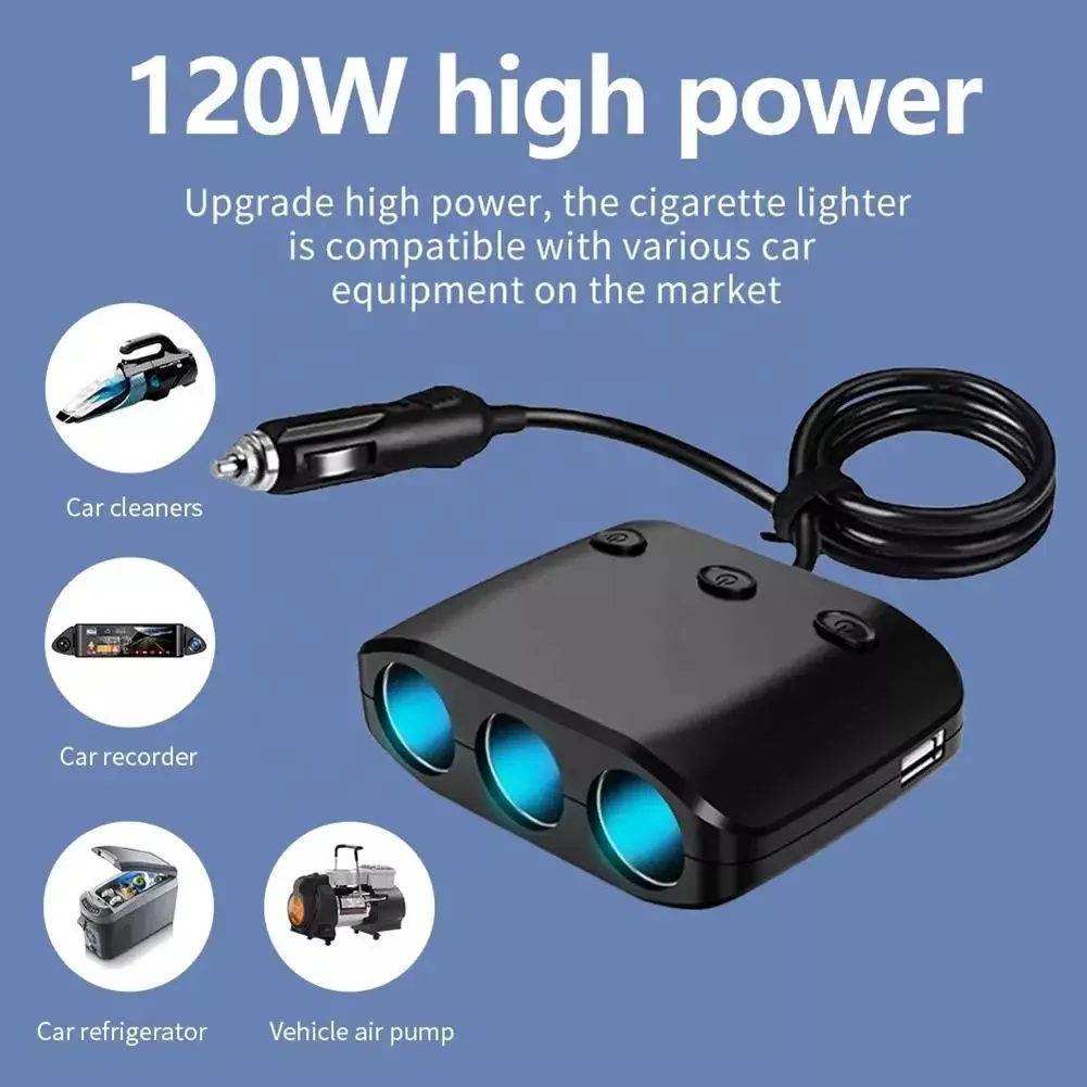 

12-24v 120w High-Power Car Charging Plug Dual Usb 3 Hole Independent Switch 1-to-3 Cigarette Lighter Multiple Security