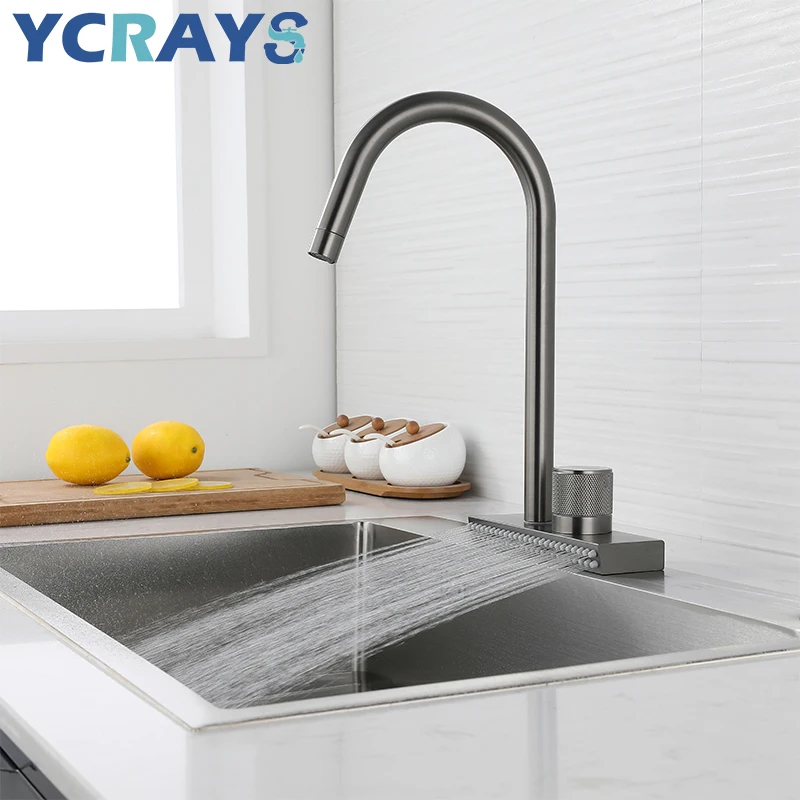 

YCRAYS Waterfall Sink Faucet For Kitchen Hot Cold Mixer Wash Basin Multiple Water Outlets Rotation Flying Rain Tap Single Hole