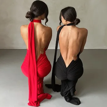 Women's One-Shoulder Sleeveless Maxi Dress Adjustable Scarf Loop Ruched Backless Bodycon Festival Party Outfit Elegant Long Gown 1