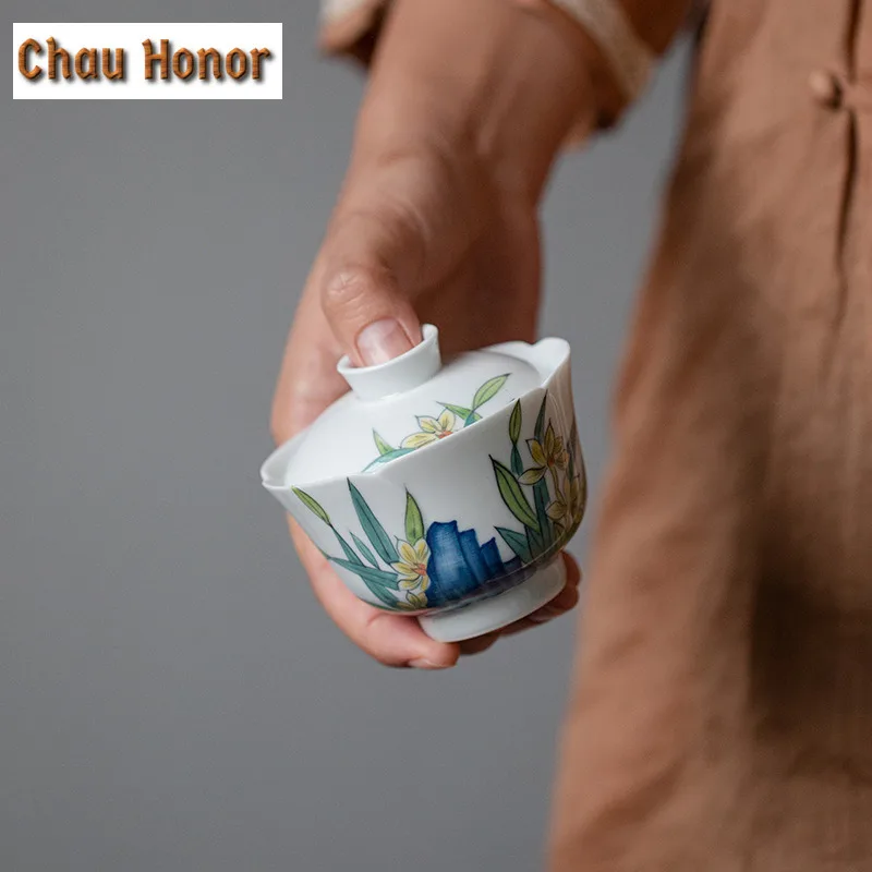 100ml Pure Hand-painted Narcissus Orchid Art Tea Tureen Boutique Tea Maker Gaiwan Ceramic Hand Grasping Tea Bowl Kung Fu Teaware