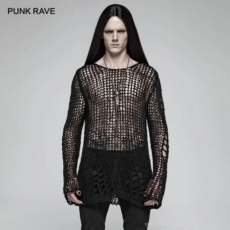 

PUNK RAVE Gothic Casual Broken Hole Pullovers Personality Black loose Men's Sweater punk cosplay dark Visual Kei