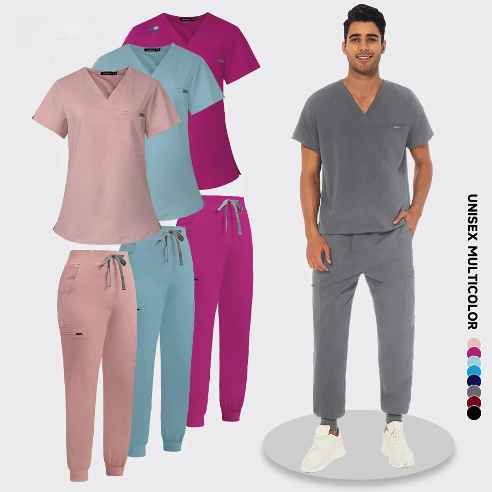 

High Quality Solid Color Unisex Nursing Scrub Set Women Uniforms Elasticity Pet Clinic Nurse Tops Medical Doctor Pants Wholesale