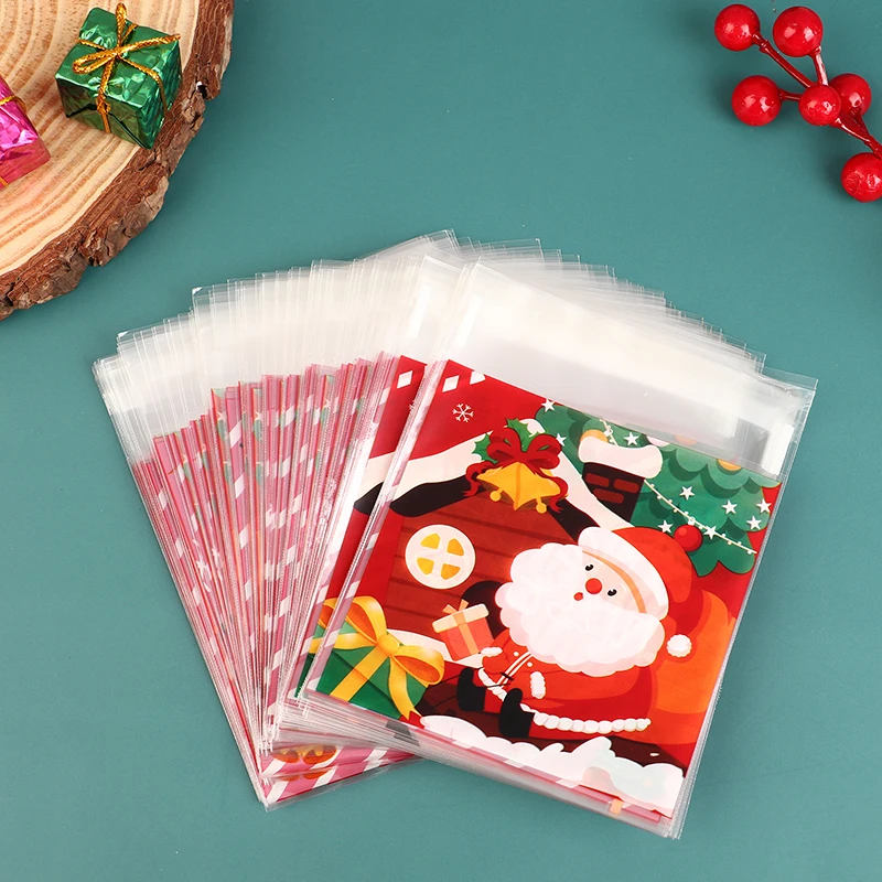 

100Pcs Christmas Gift Bag Self Adhesive Cookies Candy Wrapping Bag 2024 New Year Party Gift Snack Baking Plastic Bag Kids Gift