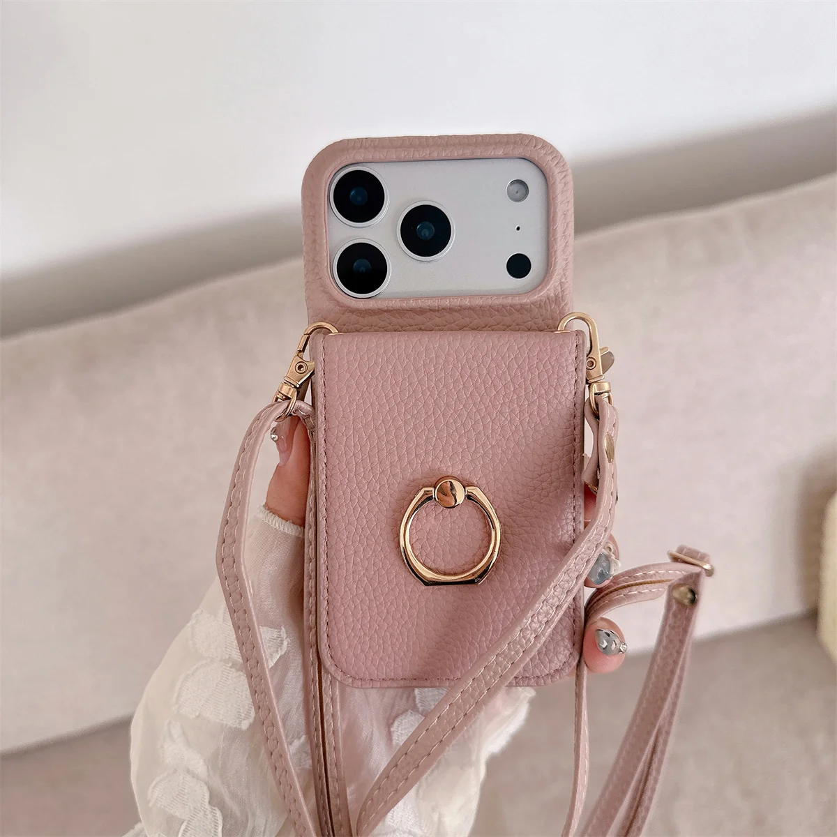 Crossbody Lanyard Wallet Phone Case with Ring Card Holder and Makeup Mirror