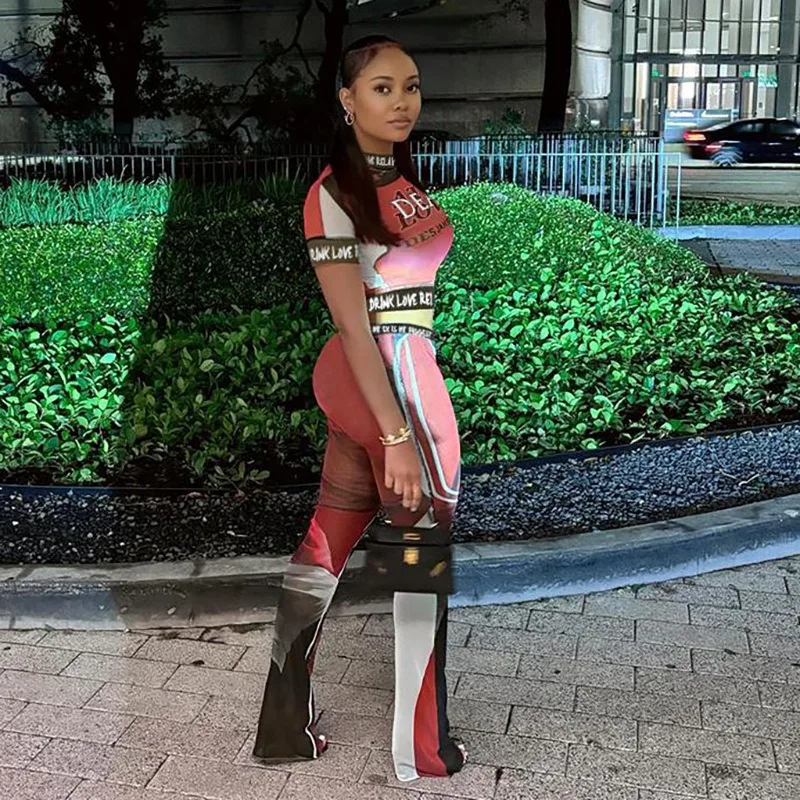 2024 Summer Mesh See Through 3D Printed 2 Piece Set Women O Neck Short Sleeve Crop Tops Contrast Colors Pants Casual Streetwear