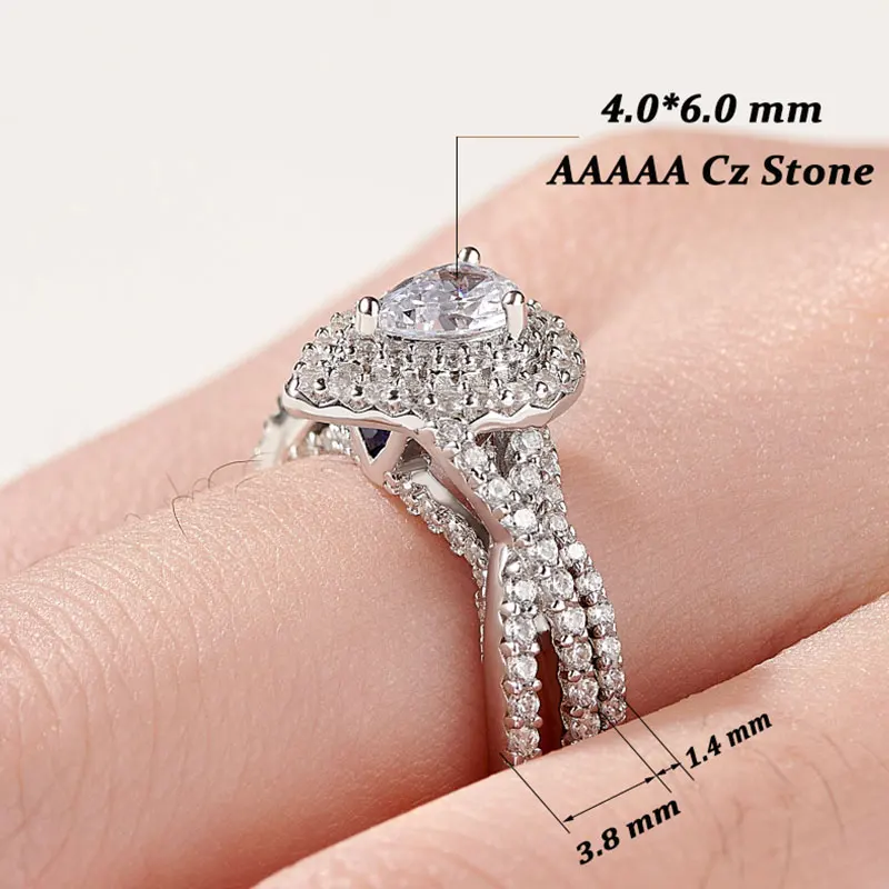 Newshe 2 Pcs 925 Sterling Silver Wedding Rings for Women Engagement Ring Sets 2.0 Ct Pear Shape Teardrop AAAAA Zircon BR0829 4