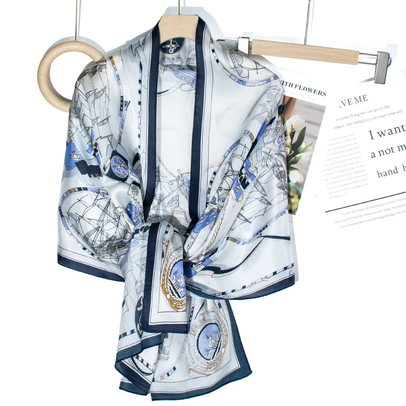 100% Mulberry Silk Scarf for Women Artistic Nautical Print Lightweight Luxury Silk Shawl 55*173cm Breathable Skin-friendly Daily