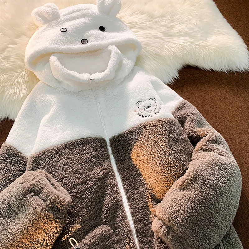 

CGC 2022 New Spring Autumn Lambs Wool Hooded Sweatshirts Women Zip Up Oversize Hoodies Casual Cute Bear Women Hooded Jacket
