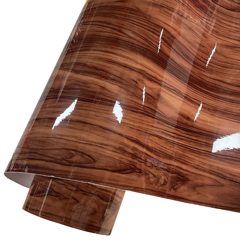 High Gloss Wood Grain Textured Vinyl Wrap with Air-Release Adhesive for DIY Home and Office Furniture Decor
