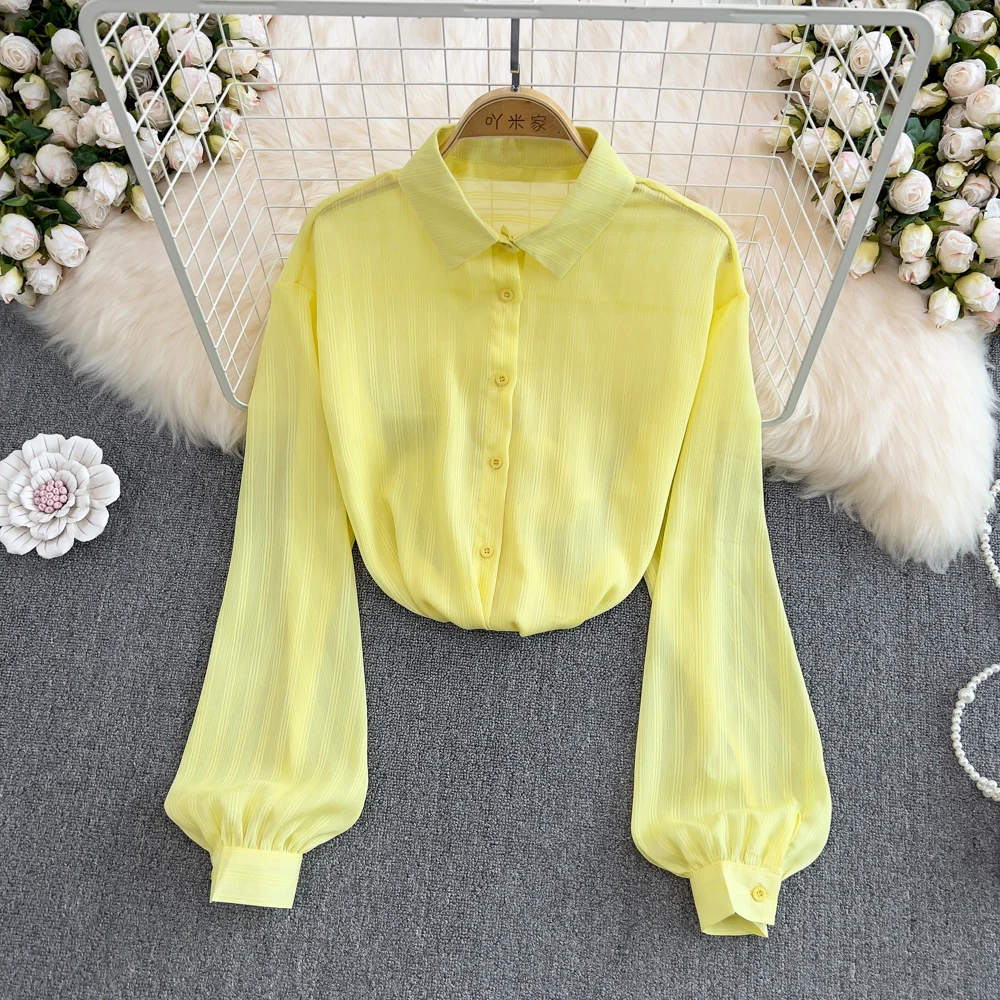 

Spring New Korean Version Commuter Loose Lantern Sleeve Lapel All-match Single-breasted Shirt Women's Western-style Loose Top