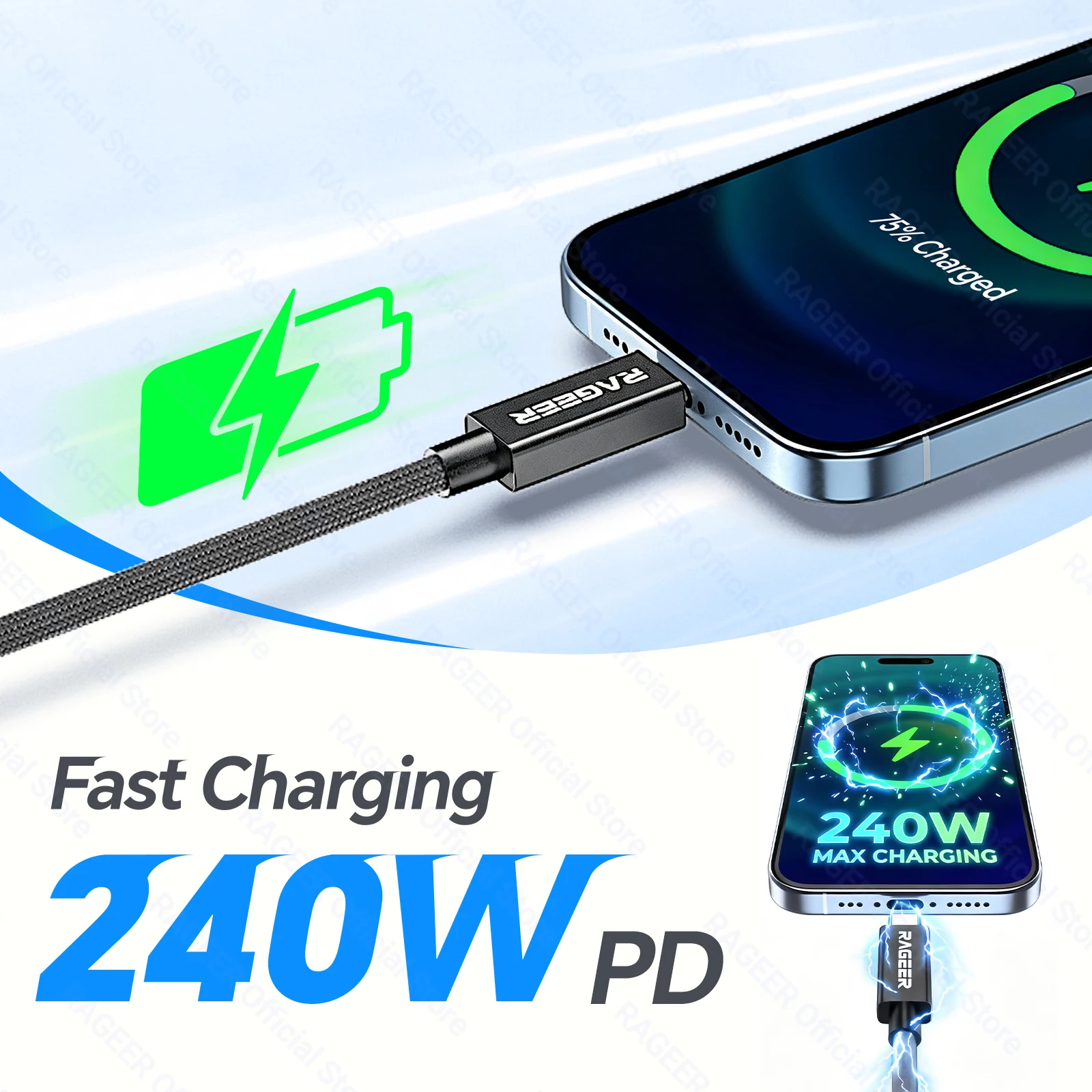 레이지어 썬더볼트 5 케이블 80Gbps 타입 C USB4 V2 E-마커 칩 16K/8K 비디오 지원 PD240W 디스플레이포트 2.1 나일론 편조 케이블 (맥용)