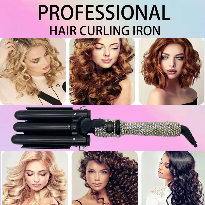 Curling Weave Iron Wand with Rhinestones Three Barrel LCD Temperature Display 1 Inch Ceramic Triple Barrels Crimp for Long Hair