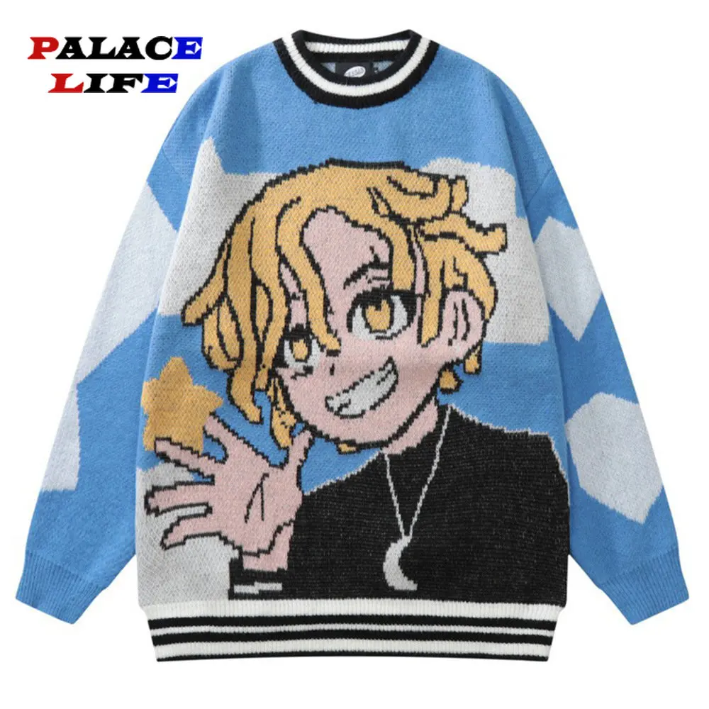 

Cartoon Boy Print Sweater Men Japanese Harajuku Vintage Pullover Knitted Jumpers 2022 Autmn Couple Casual Loose Tops