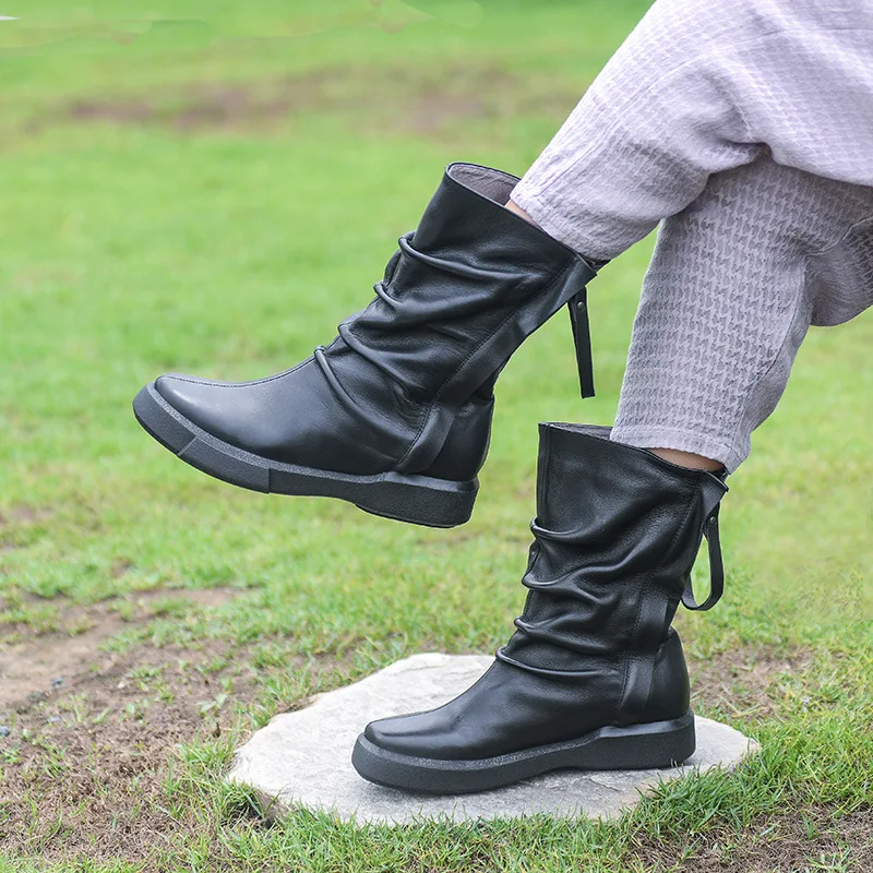 

Birkuir Genuine Leather Long Boots For Women Pleated Winter Warm Snow Boots Plush Shoes Luxury Zip Flat Heel Ladies Black