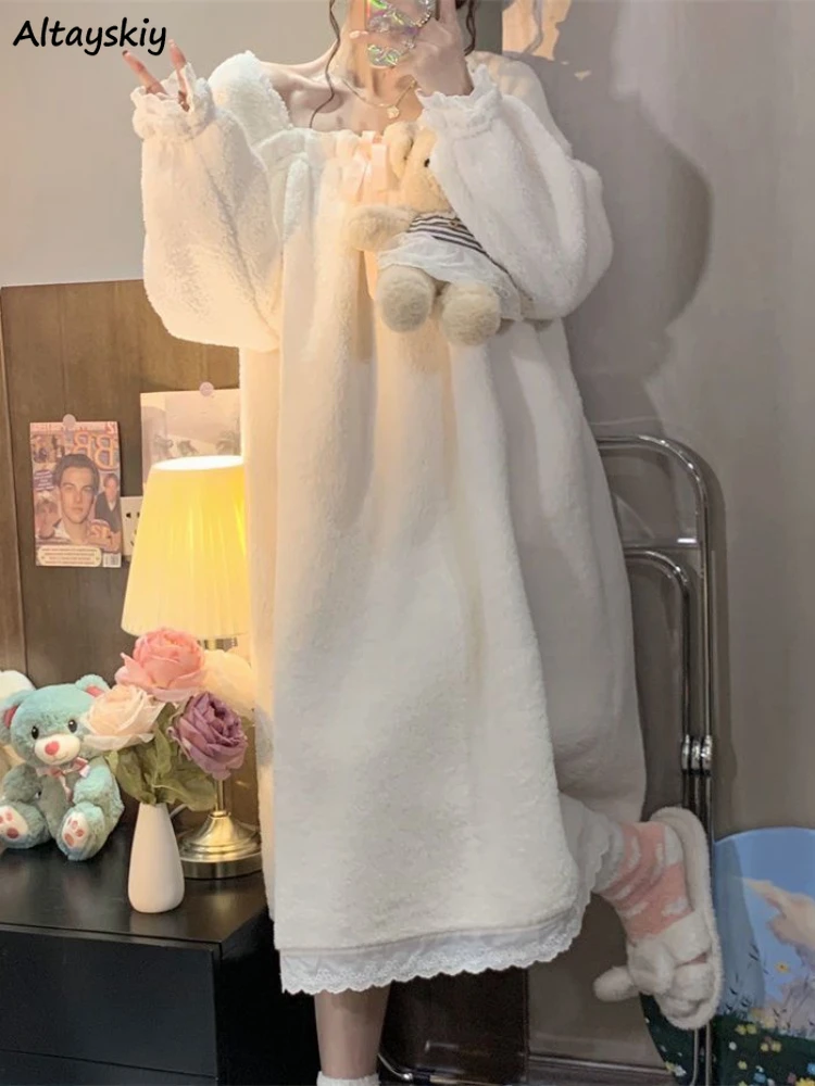 

Ночные рубашки женские зимние плотные удобные с квадратным вырезом и различными милыми бантами однотонные в Корейском стиле Простые теплые студенческие Свободные повседневные