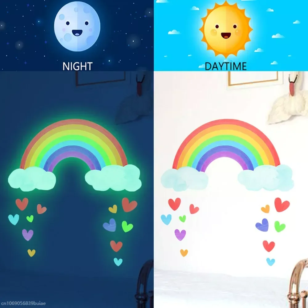 Cartoon Rainbow Luminous Wall Stickers Glow In The Dark Cloud Heart Wall Decal For Baby Kids Room Nursery Home Decorations DIY