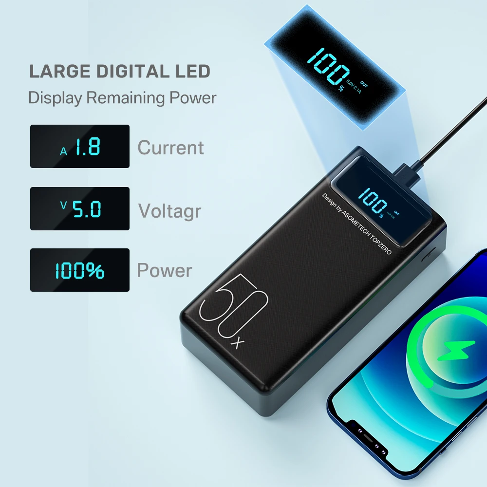 50000mAh Dual USB Banco de Energía Externa Batería Portátil LCD LED  Cargador Universal Compatible con iPhone, Samsung Galaxy y para todos los  demás