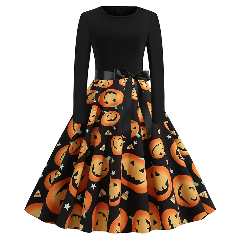 

Fashion Lady Autumn Winter Xmas Clothes Costume Long Sleeve Christmas Halloween Snowman Pumpkin Skull 3D Print Party Dress