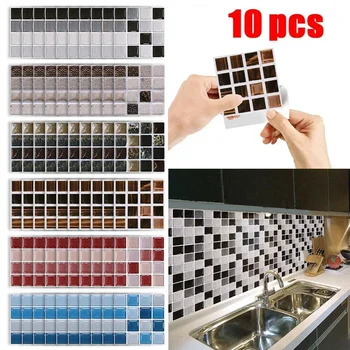 10Pc Mosaic Wall Sticker Retro PVC 10cmx10cm Waterproof Tile Stickers Bathroom Kitchen Home Self-Adhesive Wall Decal Decoration