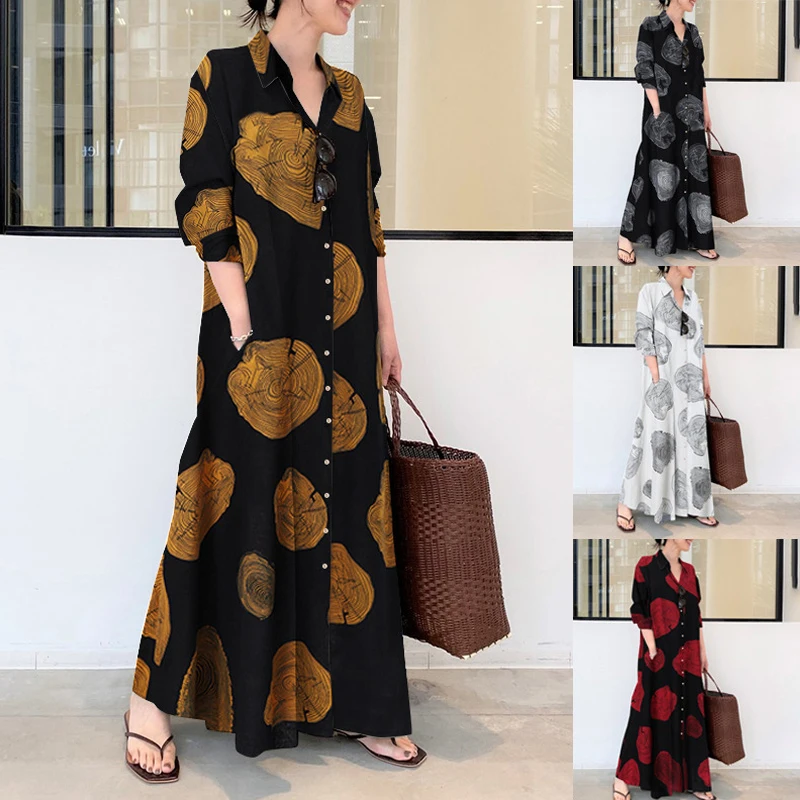 

Women's Fashion Print Kaftan Muslim Abaya Cotton Loose Dress Islamic Long Sleeve Abayas Ramadan Turkish Modesty Robe Jilbab