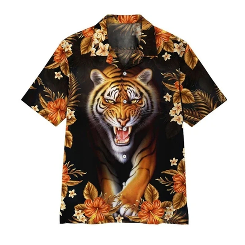 thumbnail image 1 of Camisa social Camisas de hombre de uso diario Blusa con estampado de tigre de manga corta con estampado de animales en 3D Camisetas casuales Ropa masculina de gran tamaño, 1 of 4