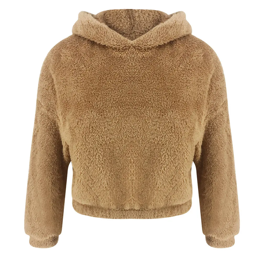 New Teddy Bear Ears Women's Autumn Warm Plush Hoodie Solid Color Long Sleeve Short Pullover Brown Sweatshirt Hooded Clothes