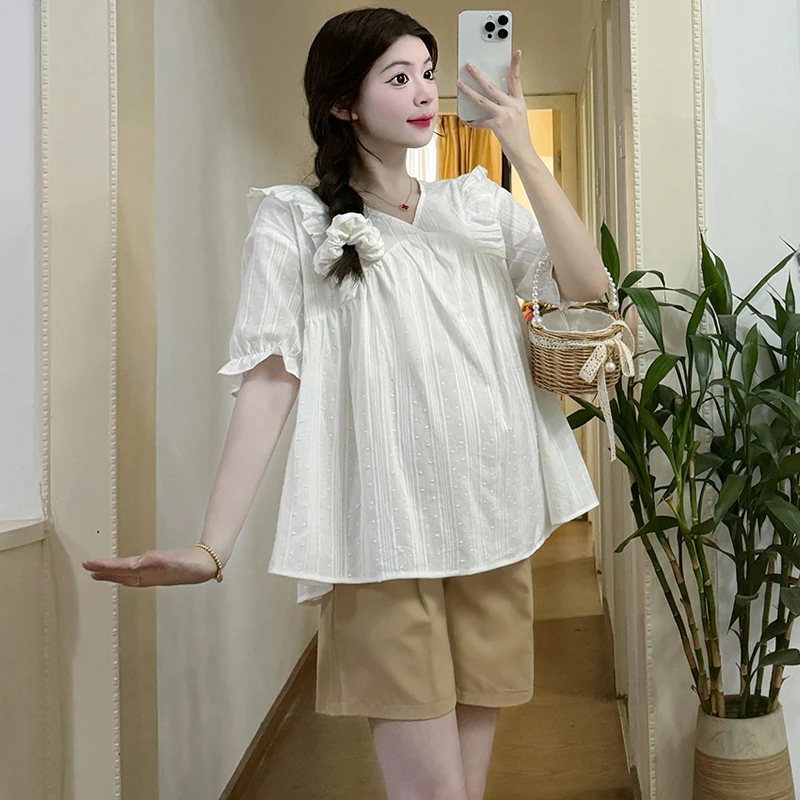 R74362# Pregnant Women Suit Thin Cotton And Linen Womens Tops Suits Women Summer Clothes Maternity 2 Pcs Clothing Set