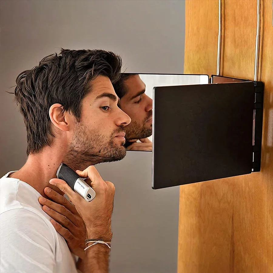 LED Lights 3 Way Mirror for Self Hair Cutting Rechargeable 360&deg; Mirror with Self Haircut with Height Adjustable Hooks haircut mirror