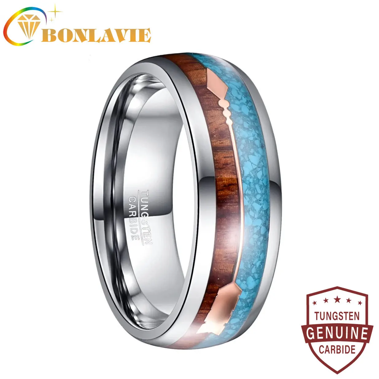 

BONLAVIE 8mm Width Tungsten Steel Men's Ring Rose Gold Color Arrow Fully Polished Inner Dome Tungsten Carbide Ring