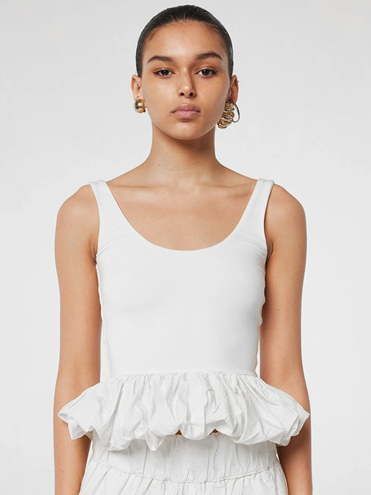 Ruffle Trim Women Tops Solid Concise All-matched Summer U-neck Backless Slim Crop Tanks Female Romantic Trend Streetwear