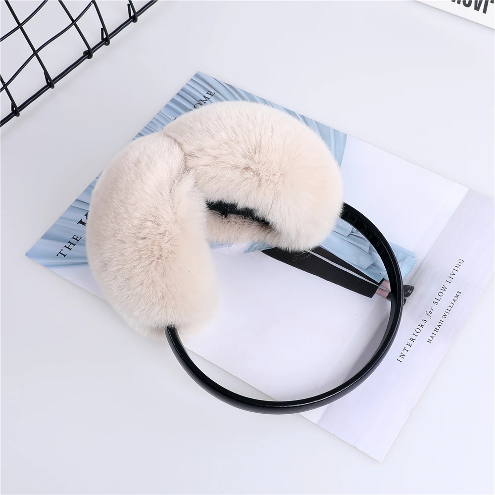 Natural 100% Rex Rabbit Fur Earmuff Women's Autumn and Winter Warm Earmuffs Ear Cover Ear Warmer Ear Muffs Winter Leather Band