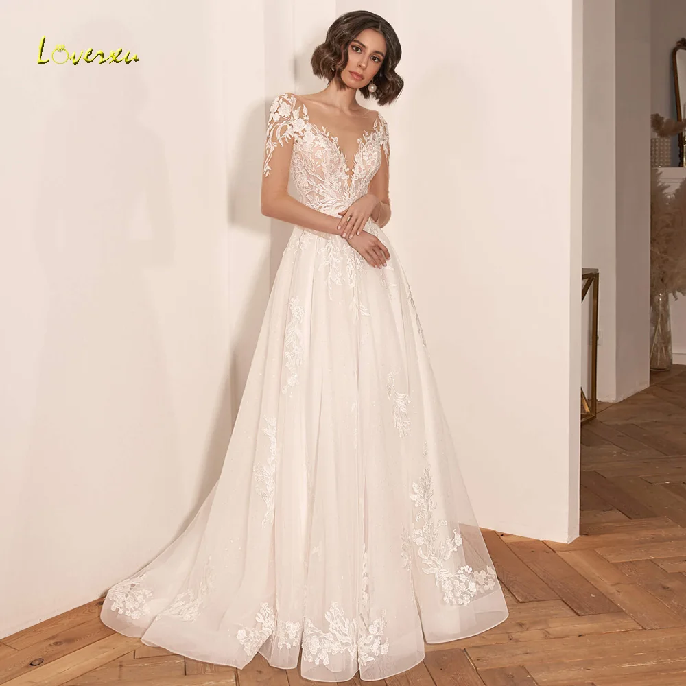 

Loverxu A-Line Elegant Wedding Dresses 2024 V-Neck Long Sleeve Vestido De Novia Appliques Tulle Sweep Train Robe De Mariee