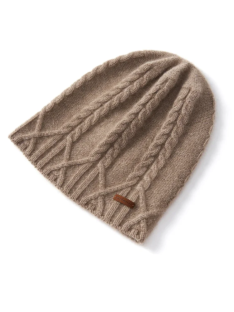 100% Cashmere Knit Cable Beanie Caps Solid Thick Soft Hat Fashion Autumn Winter Warm Highstreet Caps Women Pure Cashmere Bonnet 3