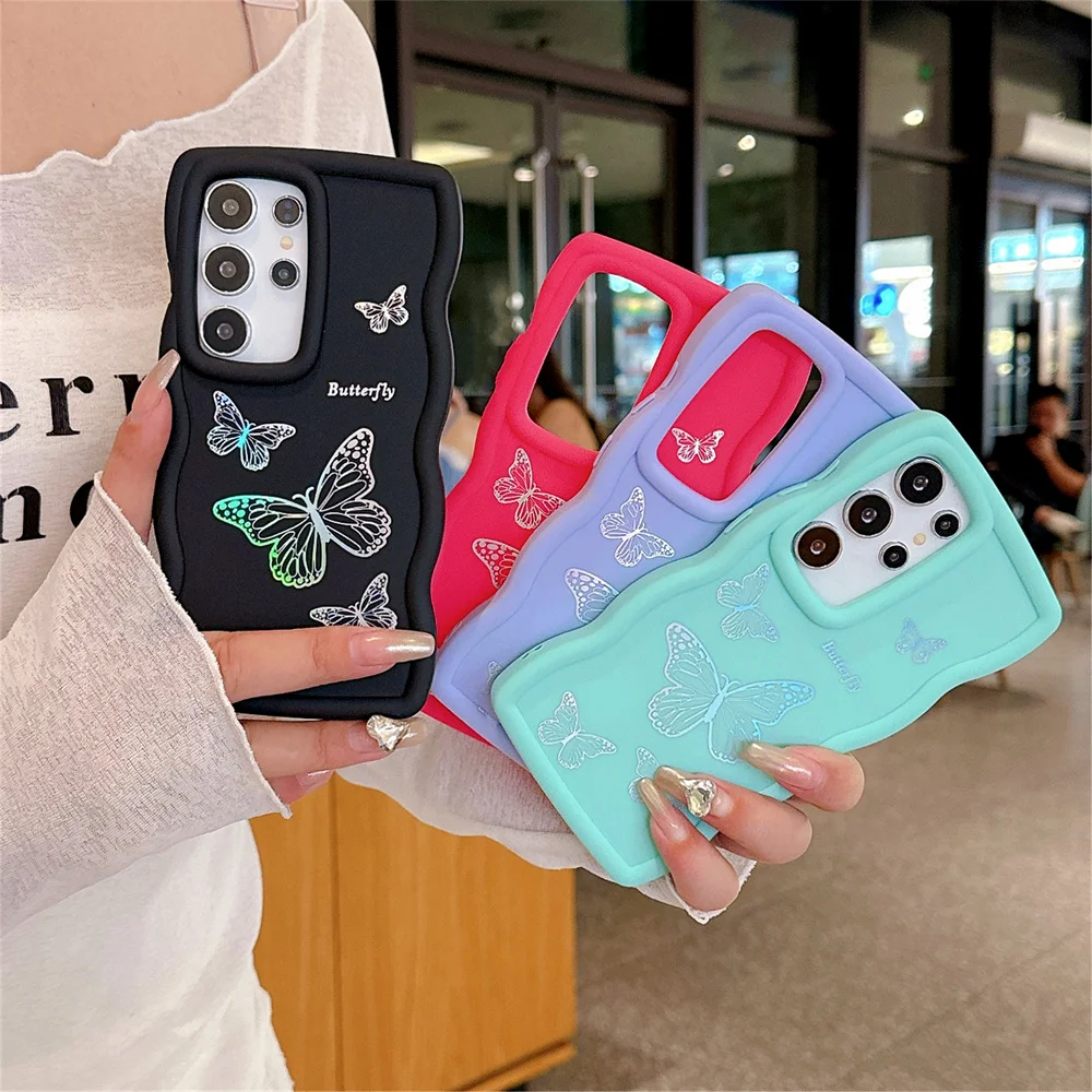 Glitter Laser Sommerfugl Bølget Silikon Telefondeksel til Samsung S24 S23 FE S22 Ultra S21 A55 A54 A53 A52 A35 A34 A15 A14 A12 Deksel_voghion.com