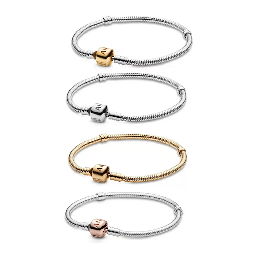 Pandora S925 Silver Classic Square Bead Buckle Snake Chain Bracelet Simple Fashion DIY Bracelet with Cloth Bag