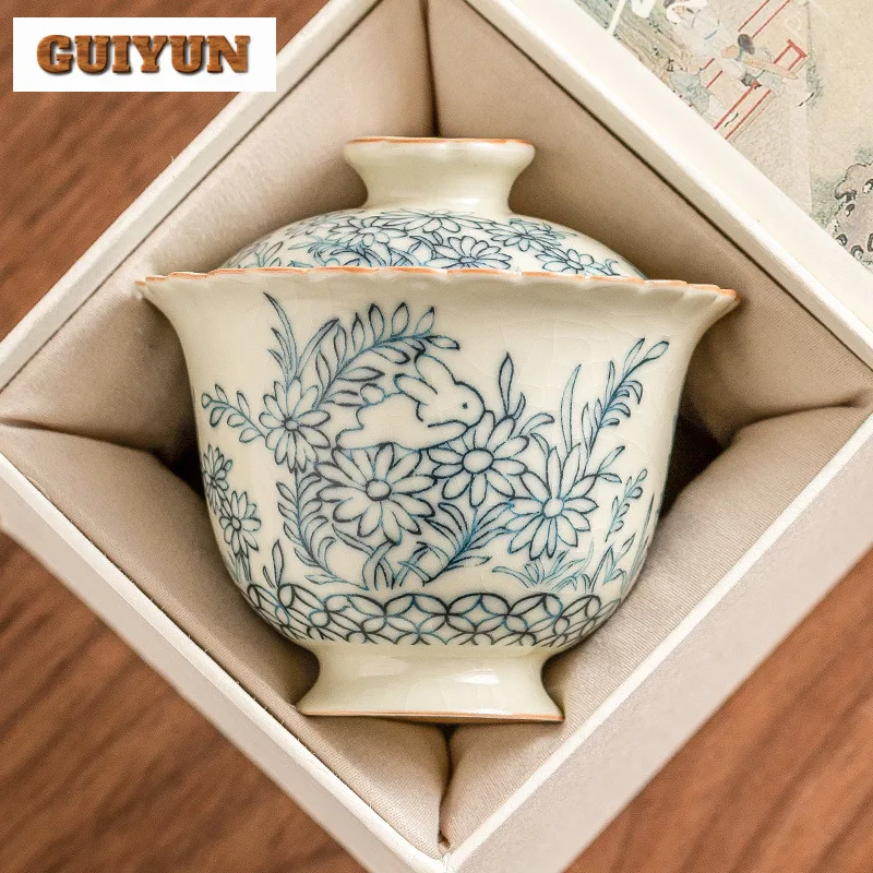 Cute Rabbit Ru Kiln Ercai Cover Bowl Chinese Sunflower Tea Bowl With Lid Tea Maker Gaiwan Teacup Pair Kung Fu Teaset Gifts