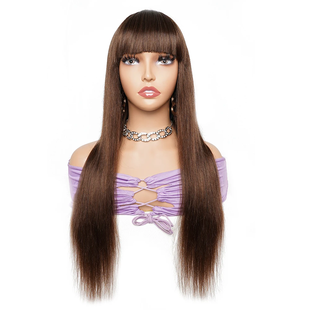 

Color #2 Glueless Wigs With Blunt Bang Straight Fringe Darkest Brown Full Machine Made Human Hair Wigs Pre-colored Indian Hair