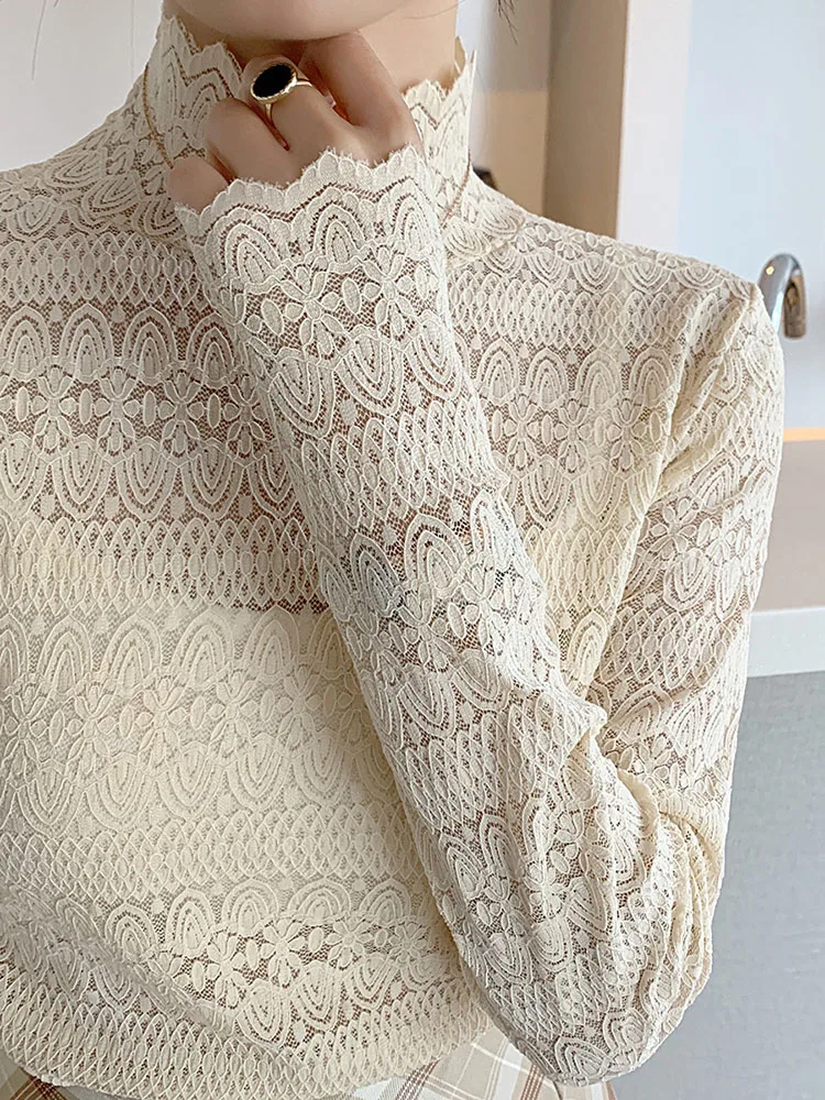 

Spring New Lace Mesh Women's Underwear Simple Solid Color Sweet Hollow Out Base Shirt Fashion Long-Sleeve Stand Neck Female Tops
