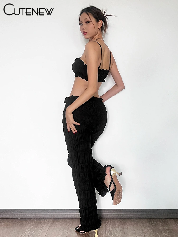 Shirring Trim Women 2 Piece Summer Unique Fashion Solid Crop Camisoles+Elastic Waist Pants Female Matching Sexy Clubwear